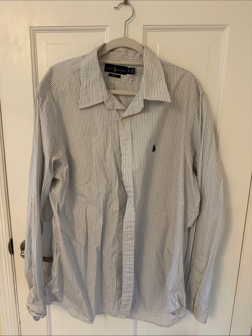 Ralph Lauren White Button-Down Shirt with Thin Blue Stripes